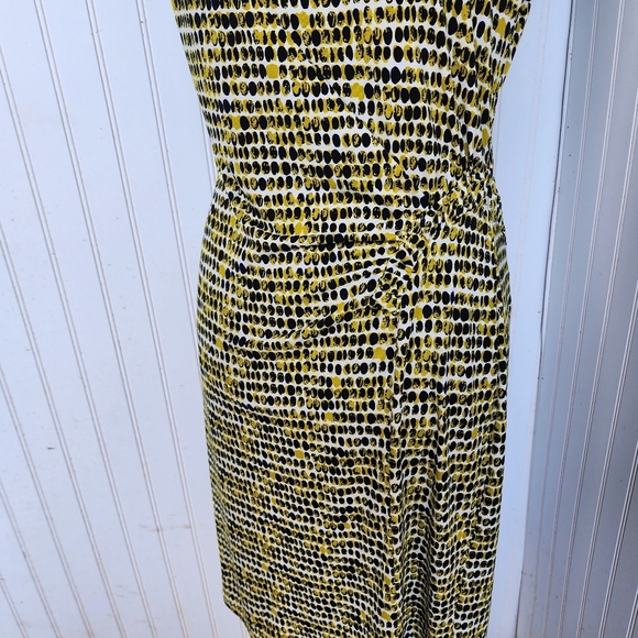 Calvin Klein Green Black Dot Printed Sleeveless Career Sheath Dress Rutched M - Picture 4 of 14